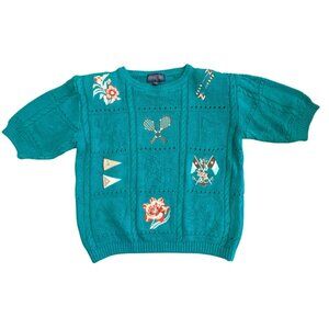 Vintage Herman Geist Knit Pullover Sweater Small Floral Tennis Short Sleeve 90s